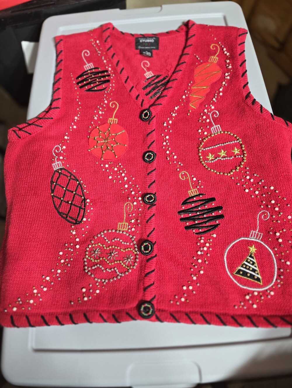 Studio Red Embroidered Holiday Ornament Vest